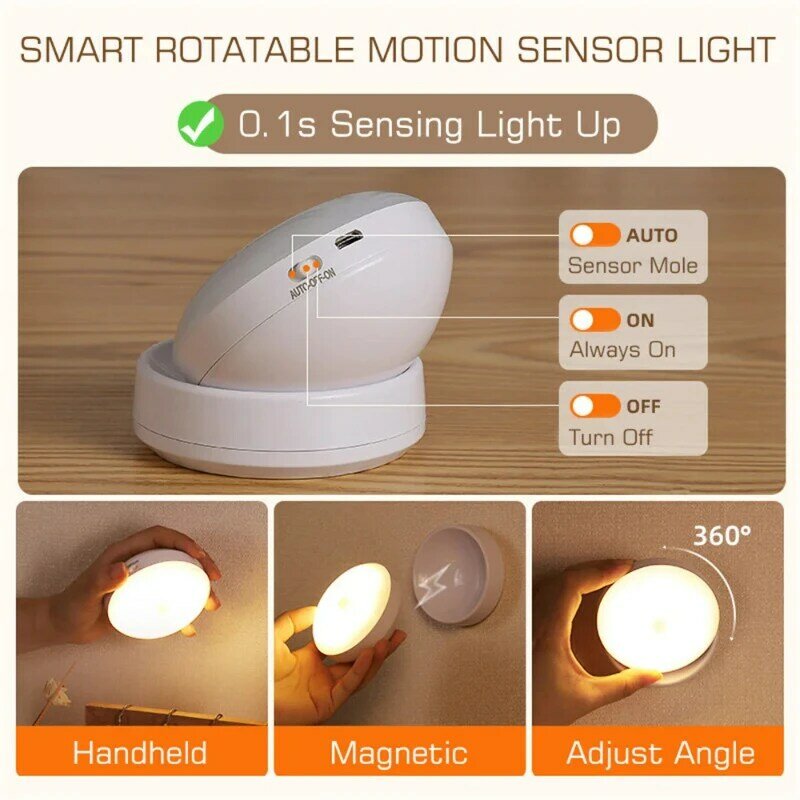 Lampu LED Sensor tubuh manusia berputar 360 derajat, lampu malam LED samping tempat tidur koridor tangga dapat diisi ulang hadiah kreatif