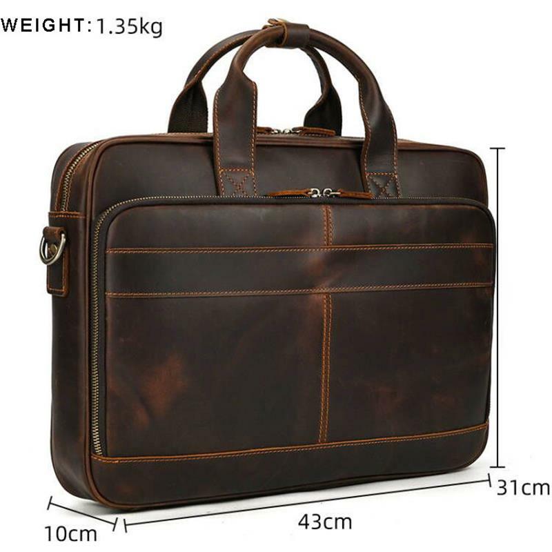 Tas jinjing bisnis pria, kulit asli, tas Tote Laptop, tas kulit kapasitas besar, tas kerja 17.3"
