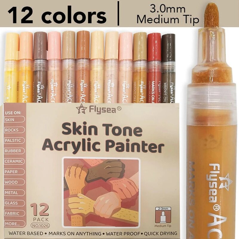 Art Markers Acrylic Paint Pens Middle Tip 12 Skin Colors Paint Markers for Rocks Canvas Tiles Glass Ceramic Wood