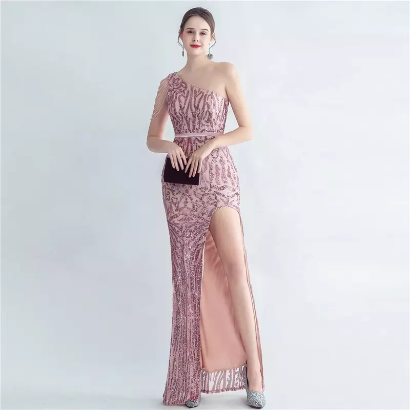 Sladuo Women's One Shoulder With Nail Beads Sexy Sleeveless Split Sequin Dress Long Mermaid Evening Cocktail