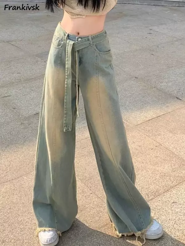 Jeans Women Vintage Retro Denim Popular All-match Leisure High Street Teenagers Autumn Drape Design Classic Distressed Stylish
