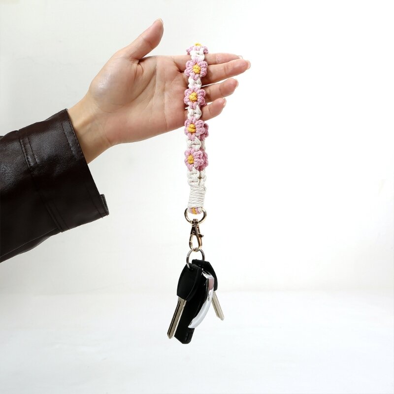 Boho Macrame Wrislet Keychain for Women Flower Bracelet Keyring Strap Lanyard Wallet Pendant Car Key Holder 10CF