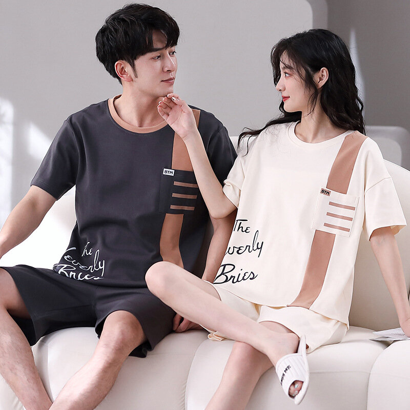 Korean Cotton Couple's Pajamas Set Summer Short Sleeping Top Shorts Men and Women Matching Home Clothes Casual Pyjamas lounge