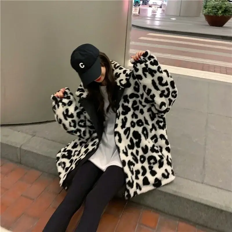 Süße Jacke Kuh Leoparden muster Revers lang ärmel ige Mode Mantel Trend Kunst pelz doppelseitige Wärme 2021 Winter neue Damen jacke