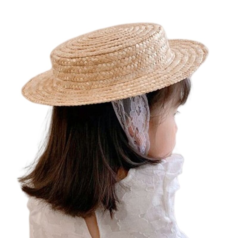Sombrero de paja plano con cordones para bebé, gorro de playa de verano para niña de 1 a 3 años