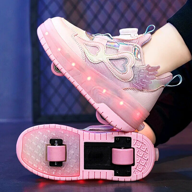 Sepatu Heelys anak perempuan, roda ganda dapat ditarik sepatu roda anak-anak, olahraga sepatu roda anak perempuan, keren dan trendi