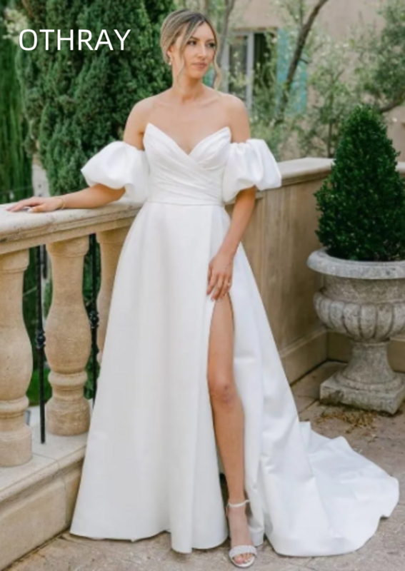 Long with Slit Beach Strapless Sweetheart A Line Boho Simple Bridal Gown Satin Puffy Sleeves Wedding Dresses for Women  2024