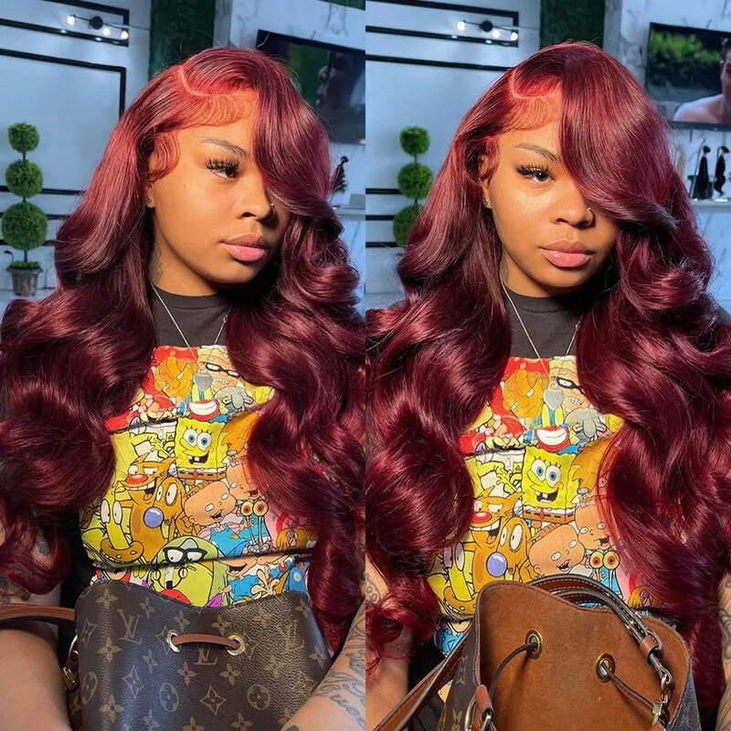 99J Red Lace Front Human Hair Wigs Burgundy Colored Loose Body Wave Wig Glueless 13x4 HD Transparent Lace Frontal Wig