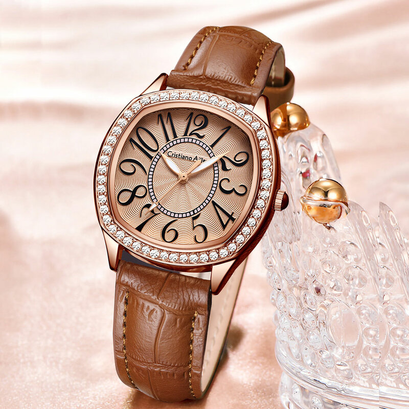 Damen Leder uhr, Luxus Strass Dame Quarzuhren, Mode kleid analoge Armbanduhr für Frau, Weihnachts geschenke für Frauen