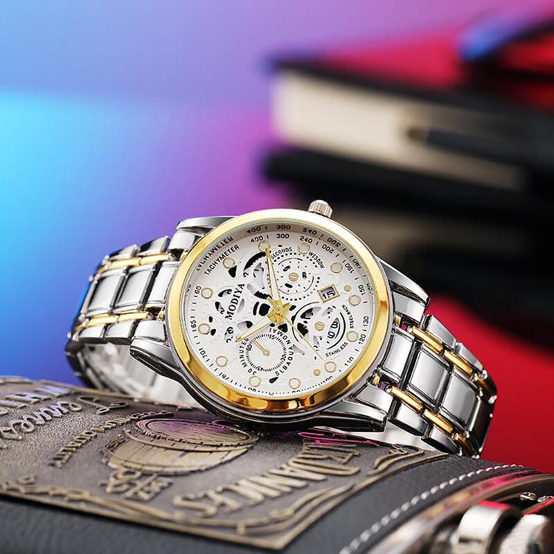 Kreatywne stylowy zegarek wykwintne męski zegarek na rękę kwarcowy z nocnym światłem wyświetlanie daty wysoką dokładność pasek ze stopu formalne dla mężczyzn