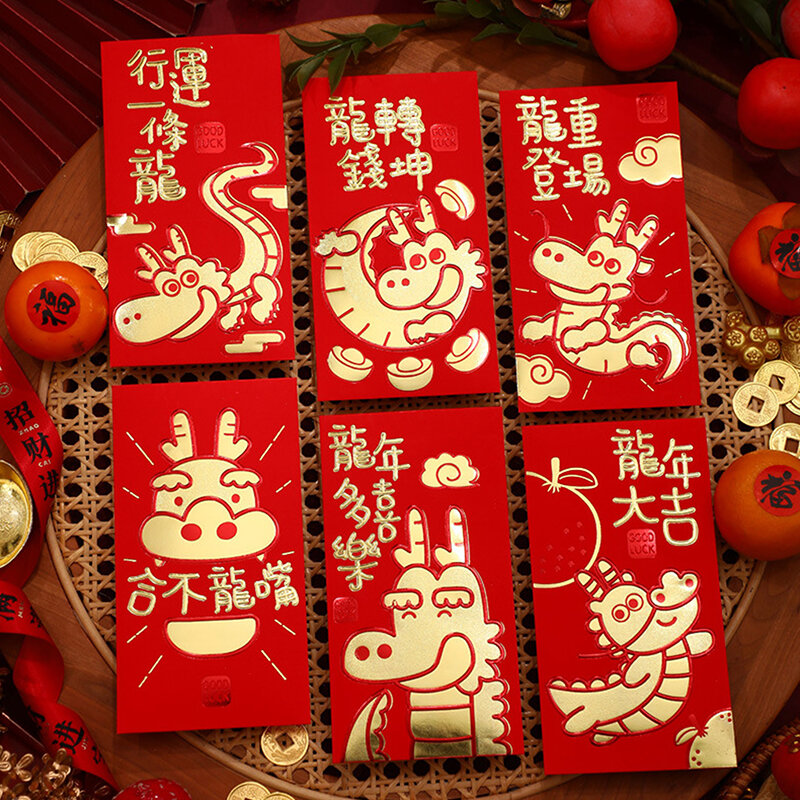 6 szt. 2024 nowy rok czerwone koperty smok rok wiosenny festiwal czerwone opakowanie szczęśliwe pieniądze torebka na prezent dla dzieci kreskówka