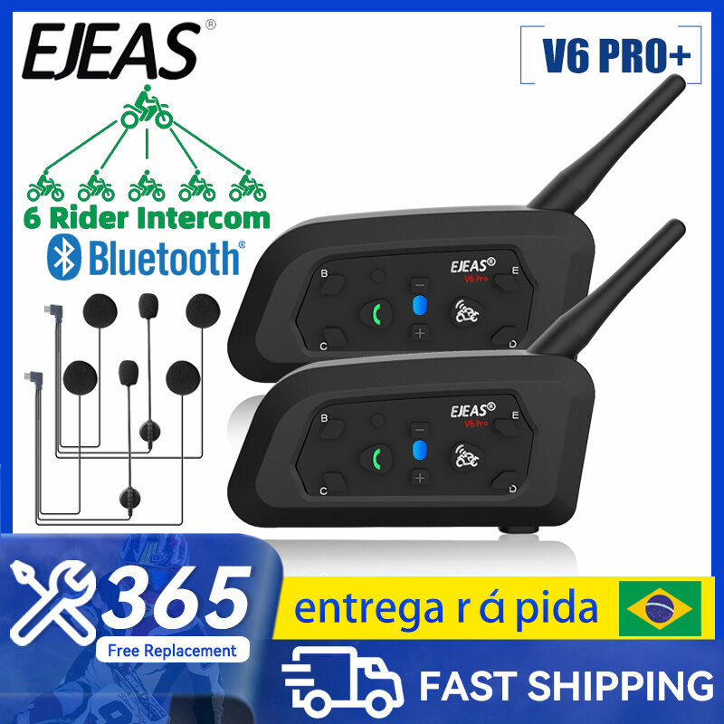 Ejeas-intercom v6 pro + لخوذة الدراجة النارية ، سماعة رأس بلوتوث ، اتصال داخلي لـ 6 راكبين ، m ، اتصال ، v5.1 ، مشغل موسيقى ، جهاز اتصال لاسلكي ، مقاوم للماء