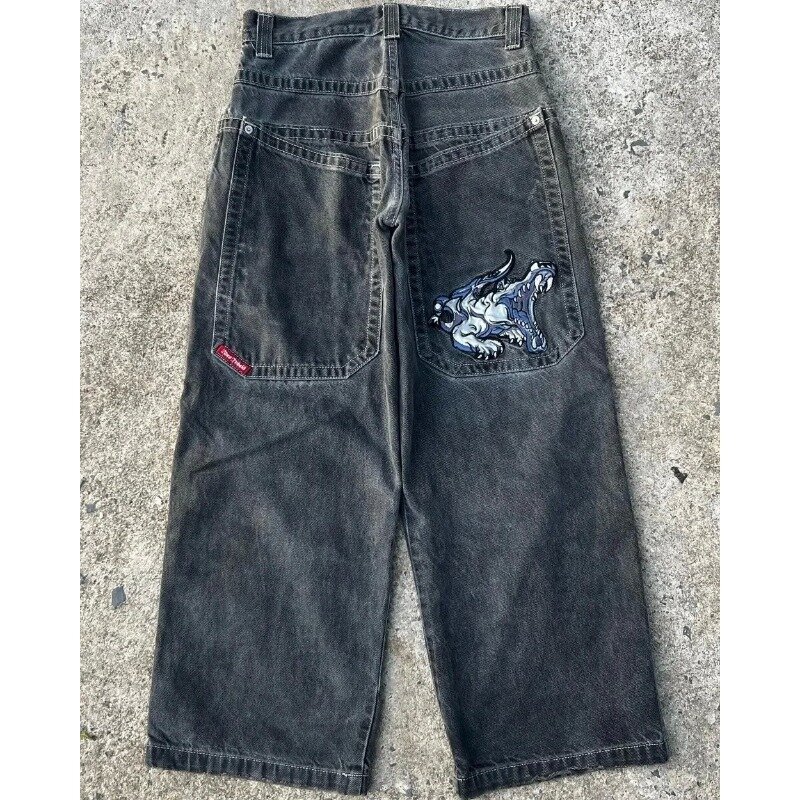 Spodnie męskie luźne jeansy haft w stylu Vintage Hip Hop gotycka odzież uliczna Harajuku codzienne męskie spodnie prosty Patchwork