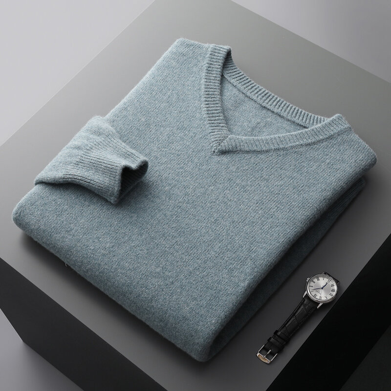Jersey de lana merina con cuello en V para hombre, suéter grueso de color sólido de doble trenzado, camisa de fondo tejida, otoño e invierno, 100%