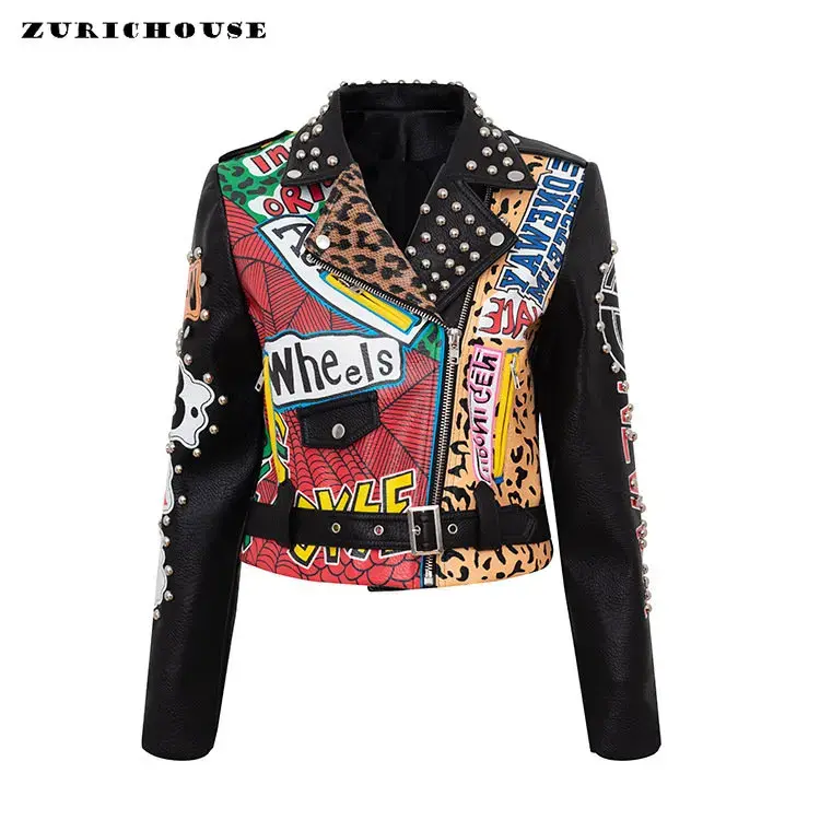 Streetwear jaket kulit motor crop wanita, jaket kulit palsu bertatahkan grafiti kontras gaya Punk baru 2024