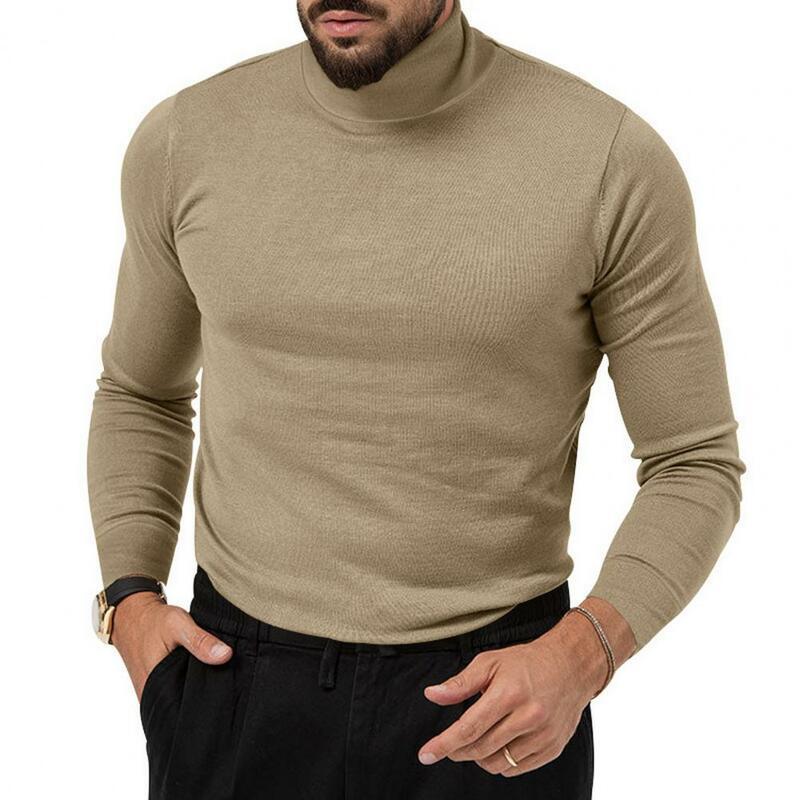 Men Fall Winter Top High Collar Neck Protection Thickened Knitted Solid Color Long Sleeve Elastic Mid Length Pullover Tops