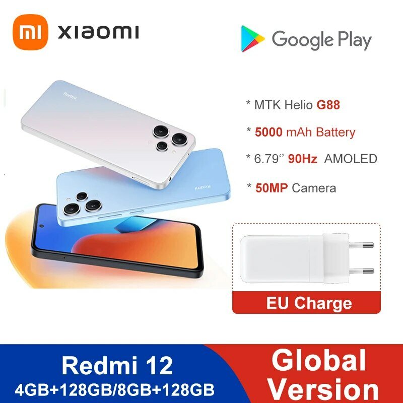 Xiaomi-Redmi 12 Global Version, 128 Go, 8 Go, 256 Go, 6.79 ", 90Hz DotDisplay, MediaTek Helio G88, IP53, Appareil photo 50MP