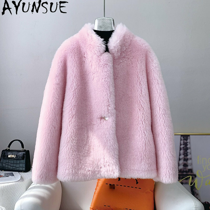 Ayunsue 100% 羊毛刈り機ジャケット女性用ショートファーコートウールジャケット女性用2023毛皮コート