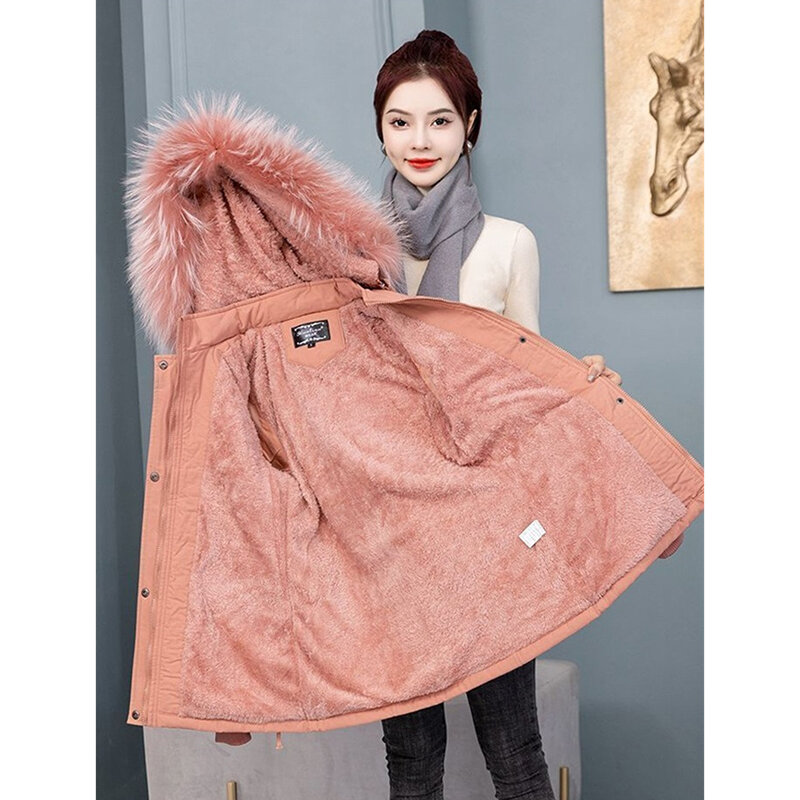 Winter Jacket 2023 New  Parka Clothes Mid Long Coat Women Wool Liner Hooded Jacket Fur Collar Thick Warm Snow Wear Padded Parkas