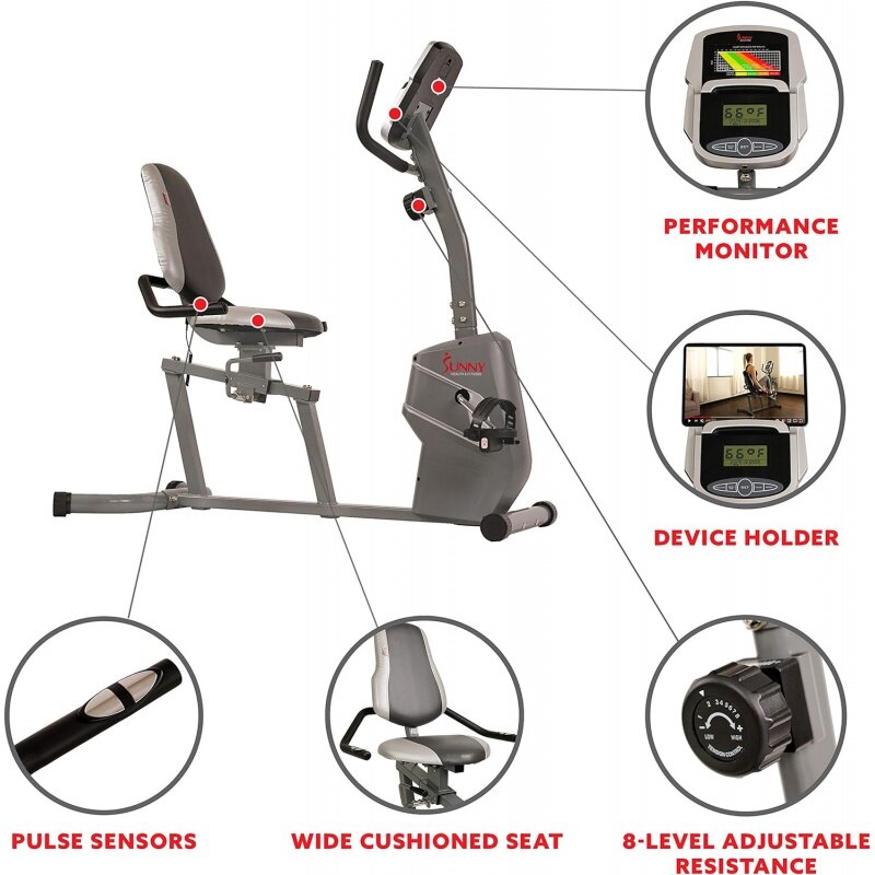 Sunny Health & Fitness bicicleta de ejercicio reclinable magnética, asiento ajustable fácil, soporte de dispositivo, RPM y Monitor de frecuencia cardíaca