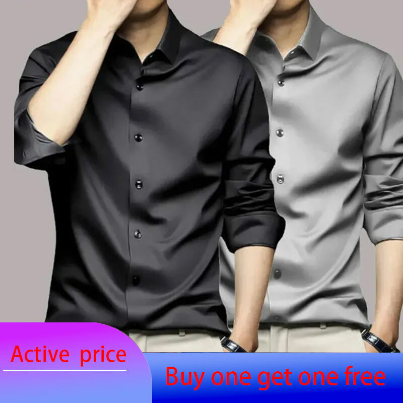 6XL Spring/Summer Formal Men's Fashion long-sleeved shirt Luxury wrinkle-proof non-ironed solid color business casual ice silk