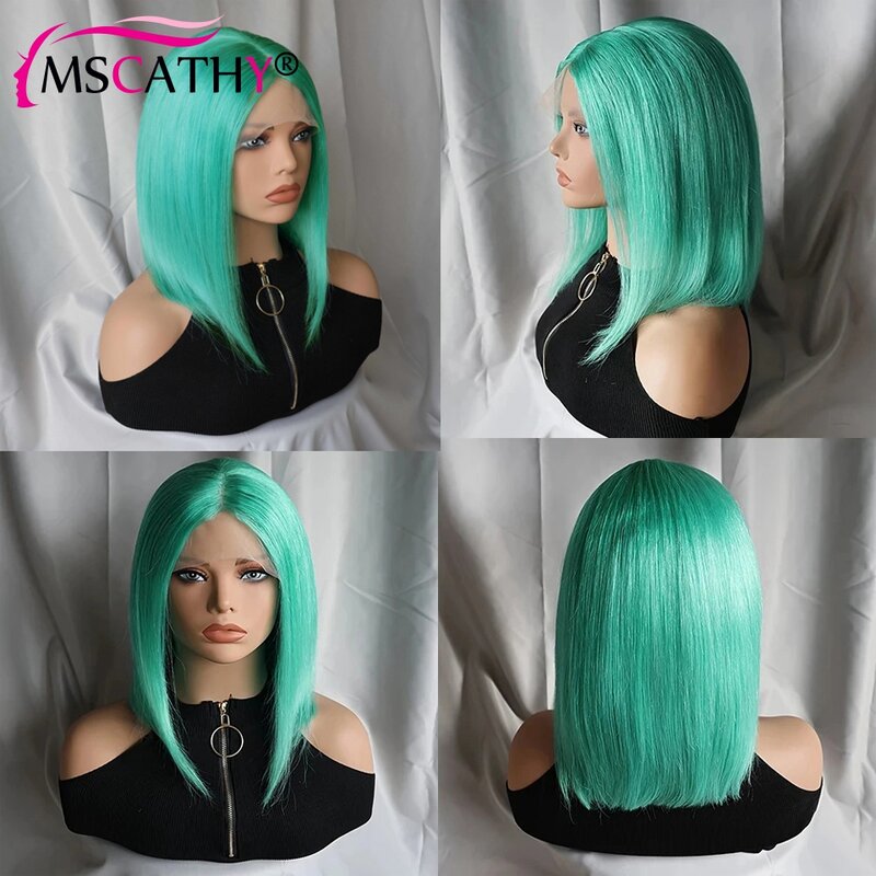 Mscathy-Peluca de cabello humano liso con encaje Frontal, pelo corto Bob Remy, corte Pixie sin pegamento, color verde menta, 13x4, 150%