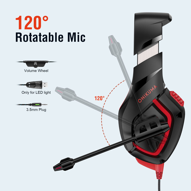 ONIKUMA-K1-B Professional Gaming Headset com microfone flexível, luz LED, fones de ouvido com fio para PS4, Xbox One, computador, PC, Gamer