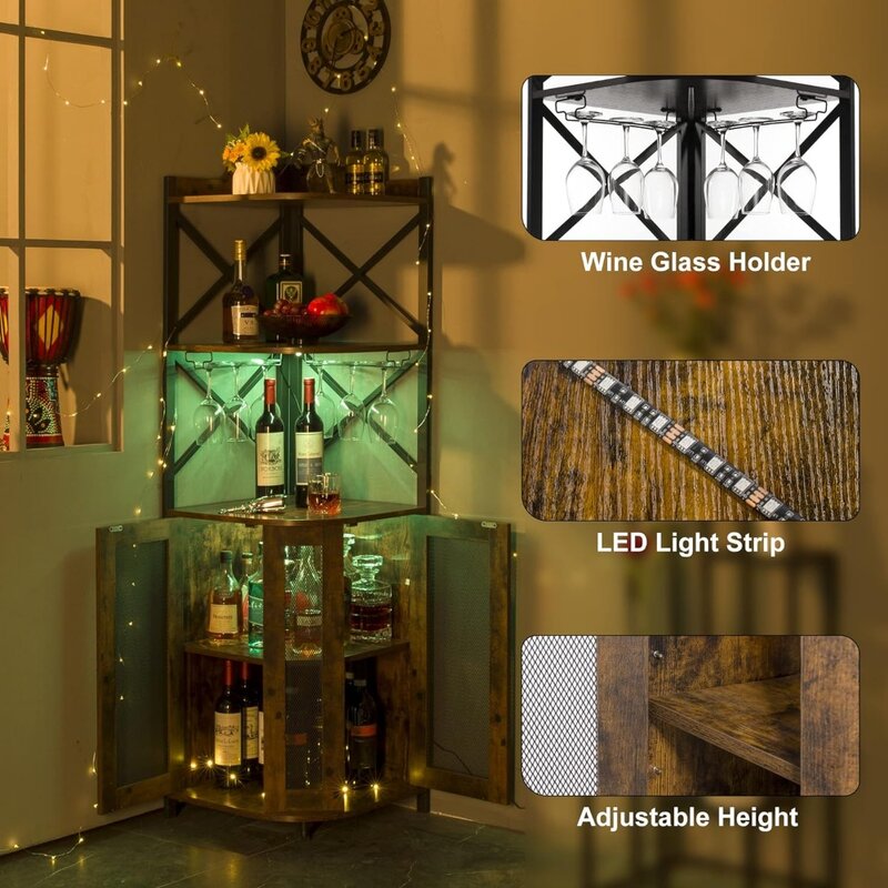 Барные шкафы со встроенной подсветкой, 5-уровневый промышленный винный шкаф со стеклянным держателем, с регулируемой полкой, витрины для баров