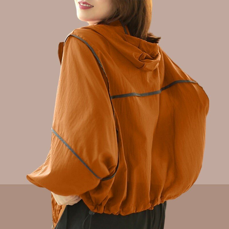 Jaket Wanita kaus bertudung ringan pakaian pelindung matahari gratis pengiriman pakaian olahraga longgar mantel lengan panjang ritsleting