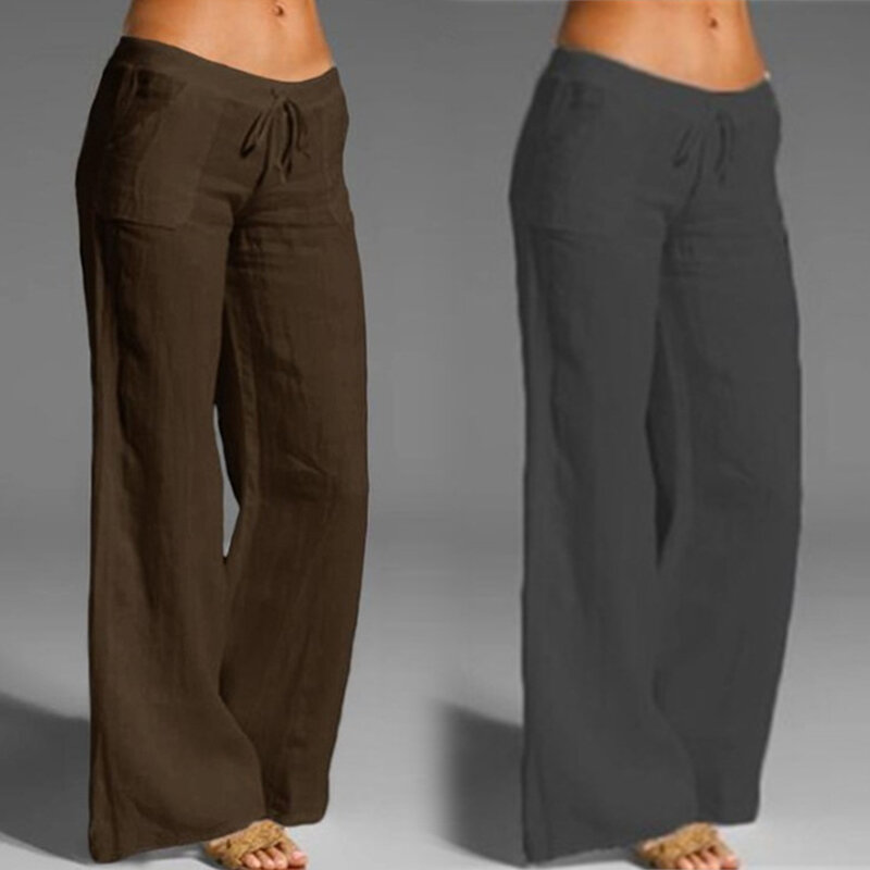 Calças largas de linho de algodão para mulheres Calças largas calças de cintura alta moletom elástico, Streetwear casual