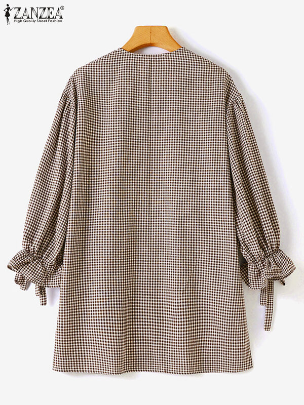 Богемная клетчатая мусульманская блузка ZANZEA, Осенние рубашки в клетку, женские топы с рукавом 3/4 и оборками, повседневный кафтан на пуговицах, блузы