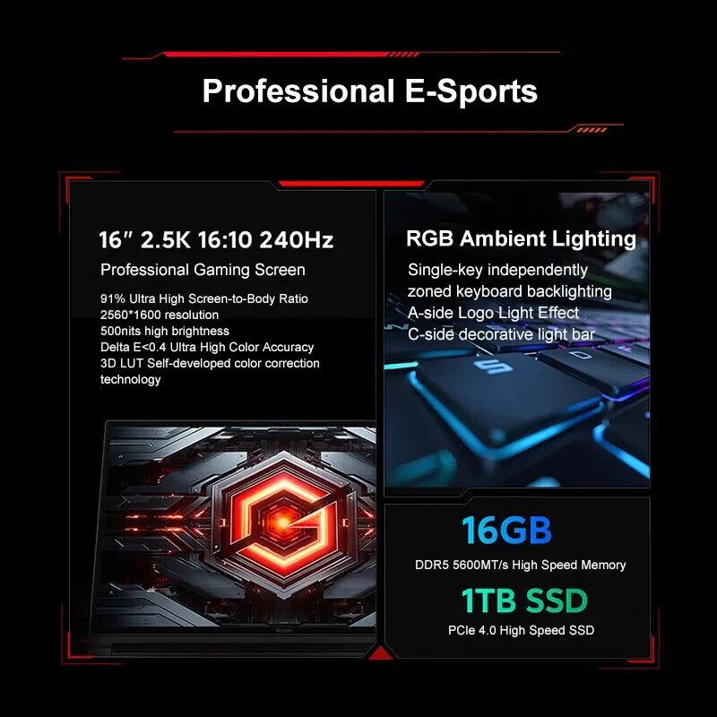 Xiaomi Redmi G Pro 2024 Notebook Game e-sport, Laptop Gaming Intel i9-14900H RTX4060 8GB GPU 16G/32G RAM 1TB SSD 16.1 "240Hz 2.5K
