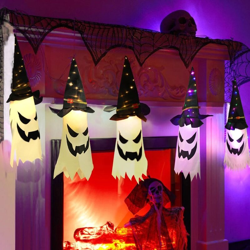 Halloweenowe LED wiszące światło ducha zasilany z baterii świecącą lampą kapelusz czarodzieja do domu impreza z okazji Halloween element ubioru oświetlenie dekoracyjne