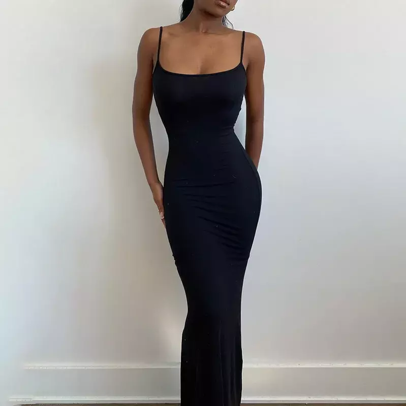Y2k Women Sexy Bodycon Long Dress Solid Color Spaghetti Strap Low Cut Evening Party Dress Summer Beach Going Out Clothing