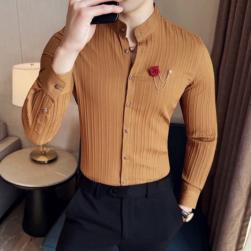 Camisas formales de lujo para hombre, Blusa de manga larga con cuello levantado, Color sólido, diseño a rayas, 2024