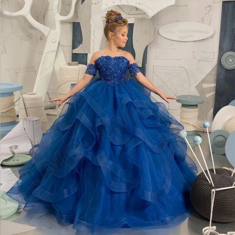 Dziewczęca sukienka w kwiaty królewski niebieski tiul bufiaste aplikacje warstwowe krótki rękaw na przyjęcie weselne urodziny suknia księżniczki