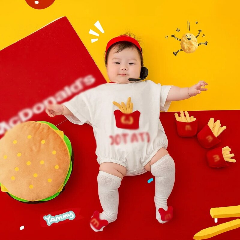 Newborn Photography Clothes Cute Hamburg Themed Photography Set Jumpsuit Stockings Hat Baby Photoshoot Outfit Burger Fries Props