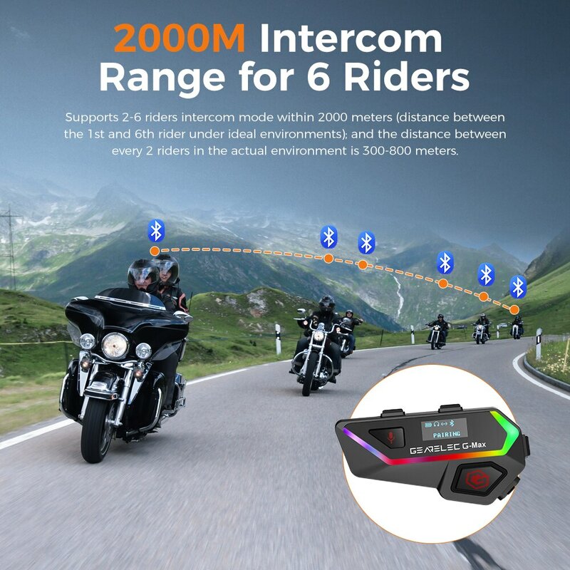 GEARELEC Motorcycle Helmet Intercom Headset 6 Riders 2KM Interphone Communication With IP67 Lights Smart Display Music Sharing