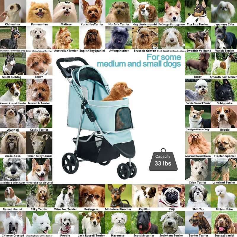 Sky Blue Canine Cruiser: Pet Stroller for Medium/Small Dog, Folding 3-Wheel Jogger, Cage, Basket