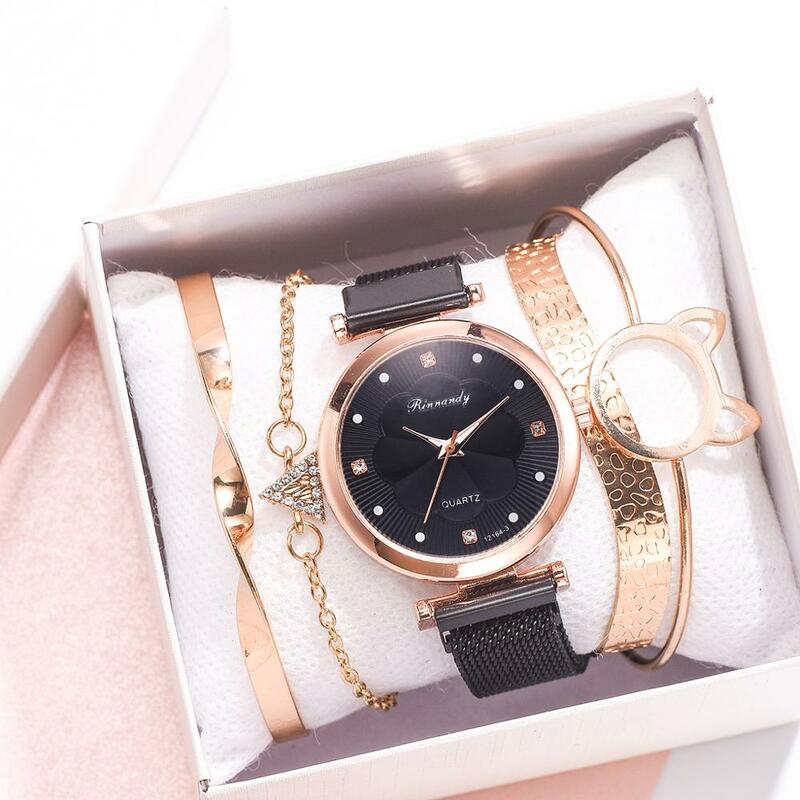 Reloj de pulsera de cuarzo con hebilla magnética para Mujer, conjunto de 5 piezas, con diamantes de imitación y flores, a la moda