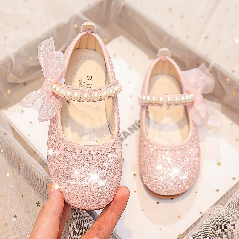 Zapatos de princesa antideslizantes para niñas, calzado elegante con lazo lateral y perlas, Mary Janes, fiesta y espectáculos de boda, 2023