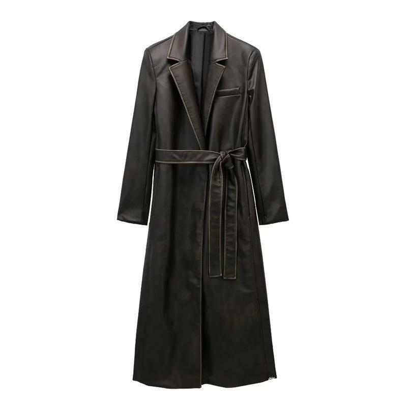Blazer de couro longo feminino com cinto, sobretudo feminino, roupa de trabalho de negócios, jaqueta casual, casaco quente, terno de inverno, roupas femininas