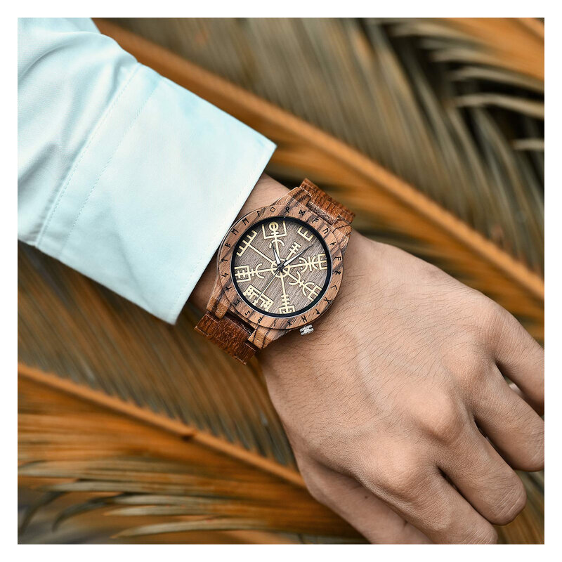 Handmade Wooden Mens Watch Unique Runic Circle Watches Golden Symbol of Watches Lightweight Fashion Quartz Wristwatch，bracelet