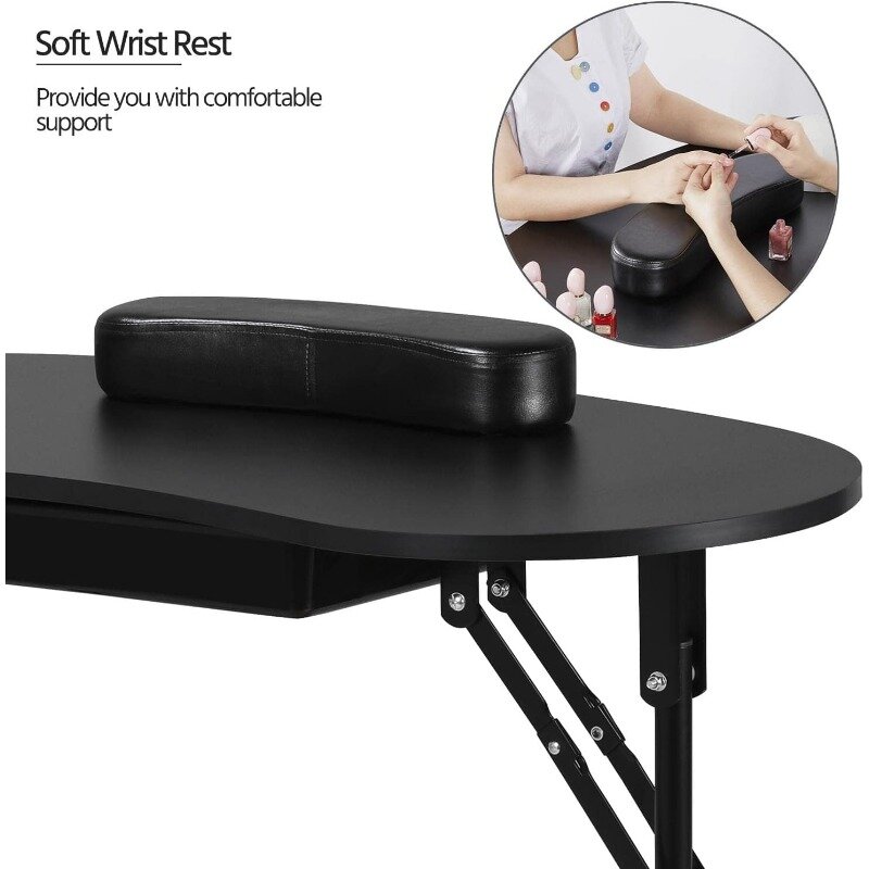 Manicure Table Nail Desk Workstation with Large Drawer/Client Wrist Pad/Controllable Wheels/Carrying Case