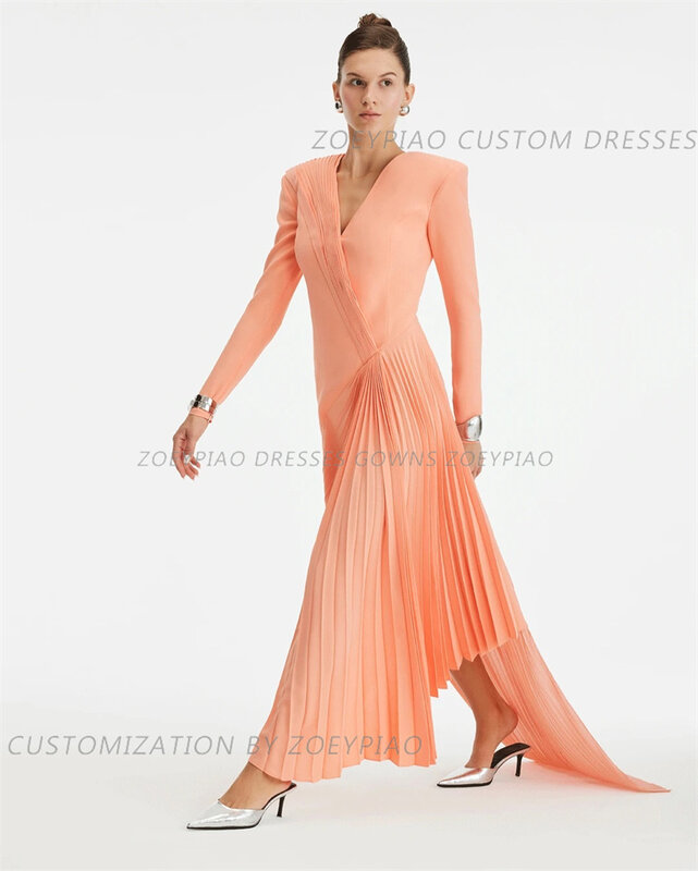 Nude Pink Stretch Satin Evening Dresses V Neck Full Sleeves Formal Prom Gown Princess Arabic Casual Long Gowns Dress 2025