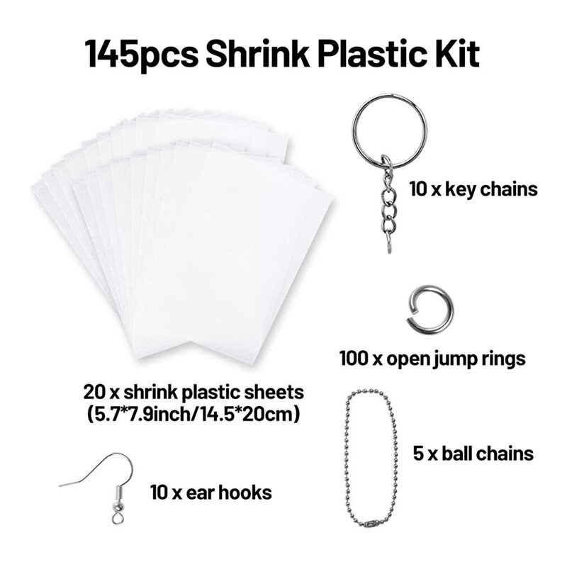 Paquete de hojas de plástico termorretráctiles, accesorios que incluyen papel de película de arte Shrinky en blanco, llaveros de 125 piezas, accesorios para adornos DIY
