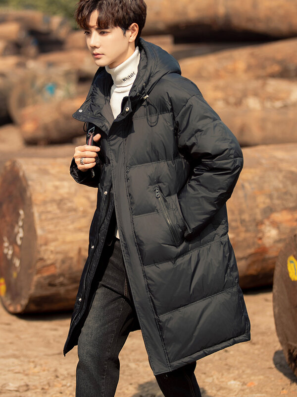 남성용 중간 길이 광택 다운 재킷, 얇은 후드, 방한, 따뜻한 재킷, 겨울 패션