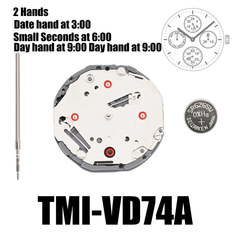 VD74 Movement Tmi VD74 Movement 2 Hands Multi-eye Movement Multi-eye (day, date, 24 hr, small sec) Size: 10 ½‴  Height: 3.45mm