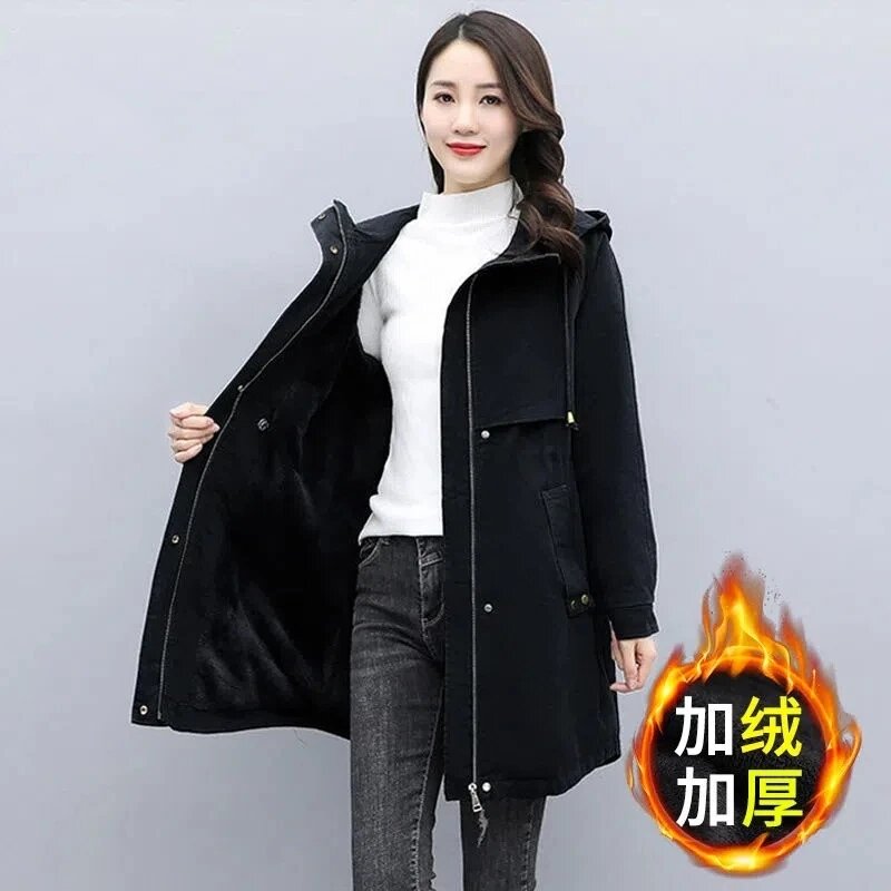 2023 nova jaqueta de lã feminina solta com capuz inverno quente parkas casaco com zíper feminino básico