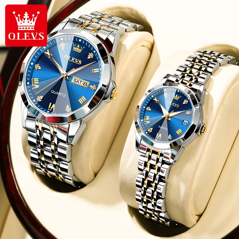 OLEVS coppia orologi Set per i suoi orologio da polso al quarzo uomo donna cinturino in acciaio inossidabile solido rombo Design lover's Watch Gifts